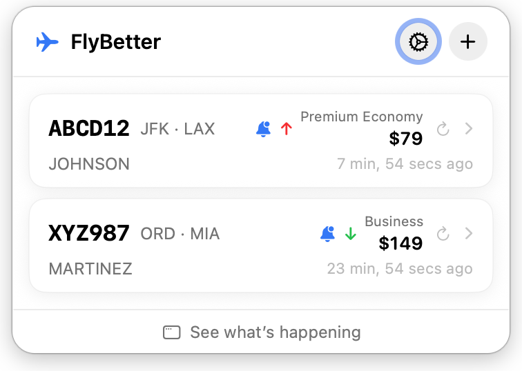 FlyBetter menu bar panel showing tracked flights and upgrade prices